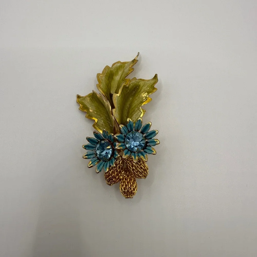 Vintage Blue Enamel Sunflower Green Leaf Gold Tone Rhinestone Floral Brooch Pin
